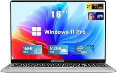 FUNYET 2026 Gaming Laptop Computer Windows 11 Pro, 16 Inch Lap Top PC, 16GB RAM 512GB SSD, Intel 12th Gen N100 Processor(up to 3.4GHz), Backlit Keyboard, Fingerprint Unlock, Office 365, Business