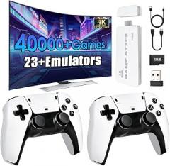 2026 New Retro Gaming Console with 40,000+ Video Games, 23 Emulators, 128GB Game Stick 4K 40,000 Games, Dual 2.4G Wireless Controllers, Plug & Play Game Stick White