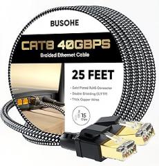 BUSOHE Cat 8 Ethernet Cable 25 FT, High Speed 40Gbps 2000Mhz Braided Network Internet Cable with Gold Plated RJ45 Connector, Heavy Duty LAN Cable S/FTP UV Resistant for Router/Gaming/PC, 15 Clips